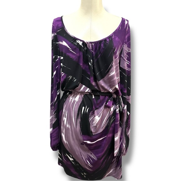 296 Laundry by Shelli Segal | NWOT Purple Abstract Print Belted Dress (Size L) - Picture 2 of 10